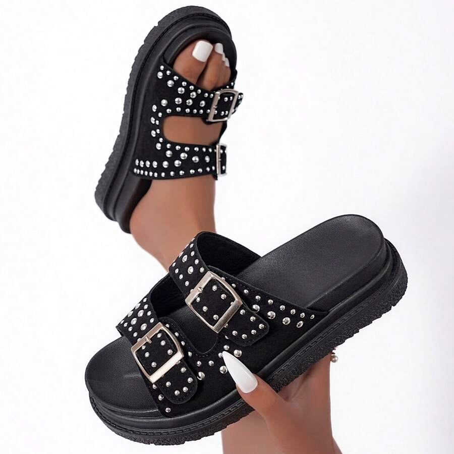 Giày sandal đế dày cho nữ, khóa kim loại, đính đá và đinh tán, kiểu dáng casual, thích hợp mang hàng ngày, họa tiết chấm bi, giày đi biển, giày mùa hè. - màu đen - Xem 1
