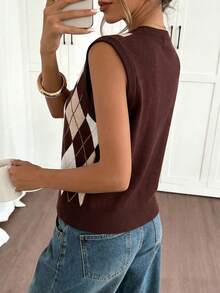 Áo len nữ cổ chữ V không tay dệt kim họa tiết kim cương phong cách retro, thích hợp cho mùa thu. - màu nâu - Xem 6