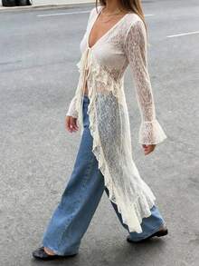 HoloChill Women's Sexy Bohemian Style Mid-Length Sheer Knit Kimono Cardigan, Women's Summer Outfit, Festival Wear, Party Outfit, Beach Vacation Outfit, Elegant Blouse, Women's Casual Outfit - Beige - View 3