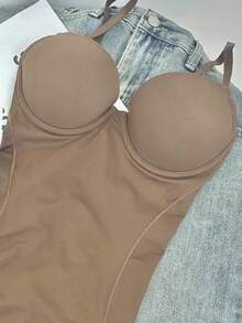 Große Größen 1 Stück Formende Unterwäsche für Damen, Damen Bodysuit, enge Bustier mit BH-Körbchen, Dreireihiger Schnallenverschluss für einfache Toilettenbenutzung, modisch sexy Mesh Bodycon - Kaffeebraun - Übersicht 6