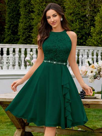 MIUSOL Floral Lace Ruffle High Neck Chiffon Swing Party Dress, Elegant Semi-Formal Wedding Guest Dress Suitable For Birthday, Graduation, Back To School Occasions