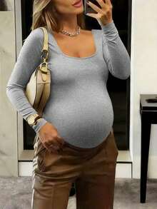 Maternity Women's Crew Neck Long Sleeve Bodysuit, High Elasticity, Suitable For Casual Daily Wear - Grey - View 1