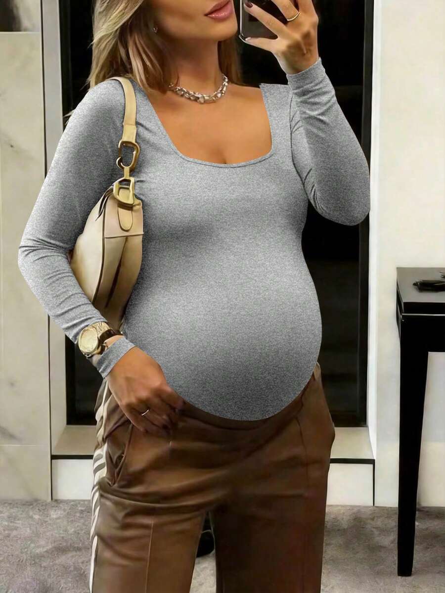 Maternity Women's Crew Neck Long Sleeve Bodysuit, High Elasticity, Suitable For Casual Daily Wear - Grey - View 1