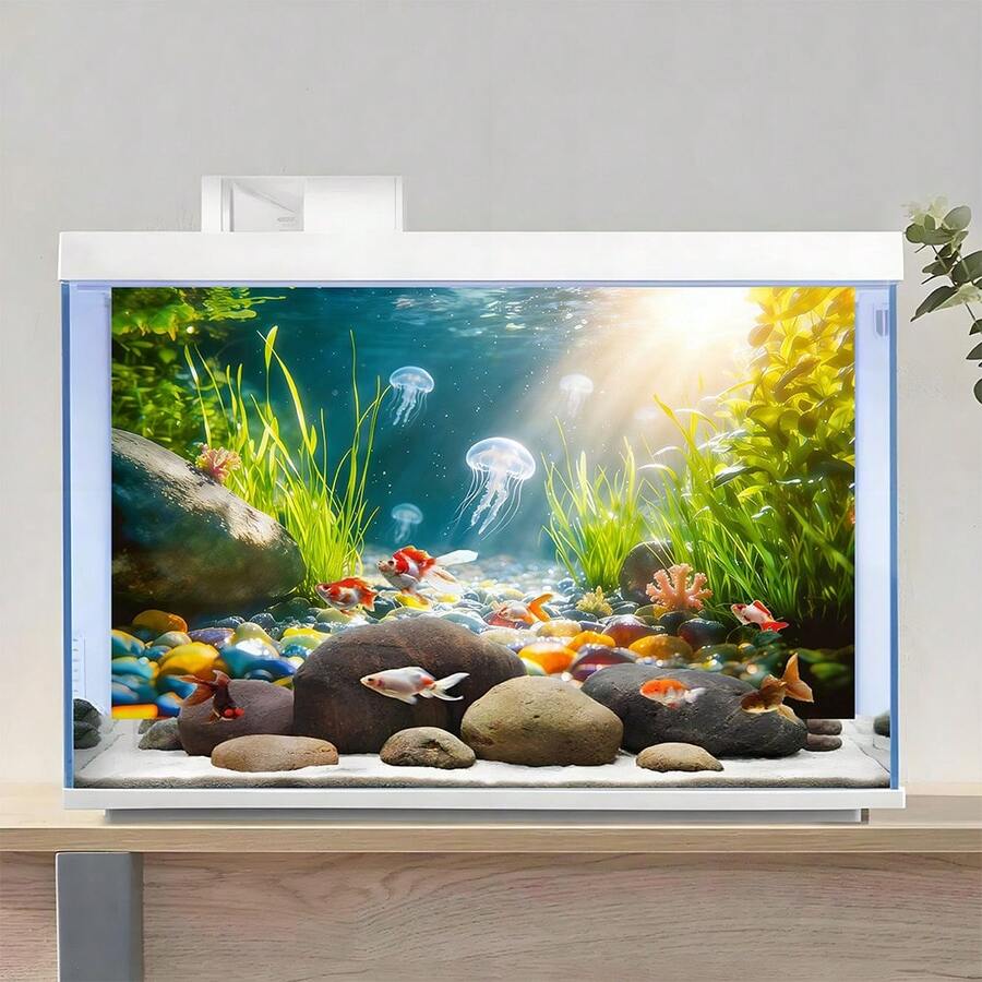 阳光色石纹水母图案，水族箱背景画，水族箱背景贴纸，爬行动物栖息地背景贴纸，正面自粘，水族箱景观装饰，水族箱装饰