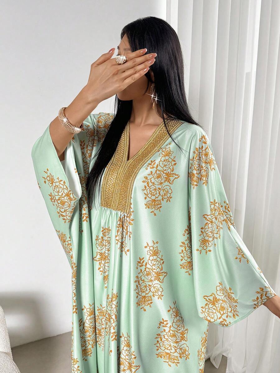 Women's Floral V-Neck Batwing Sleeve Loose Arabic Style Dress - Multicolor - View 1