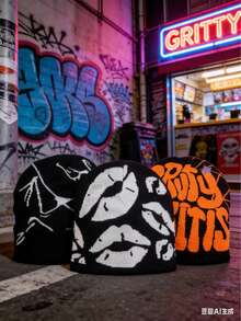 3pcs Y2K Fashion Knit Hats, Jacquard Hats, Letter Hats, Great Gift Choice For Street Riding, Acrylic & Other Knitted Hats, All Seasons - A - View 1