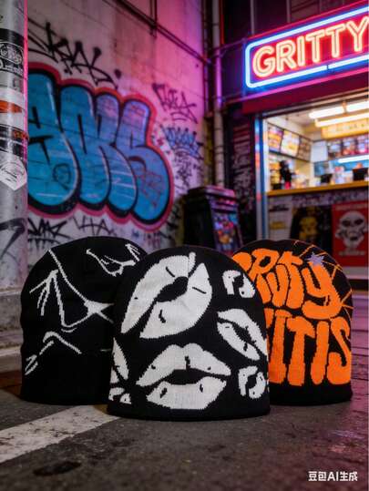 3pcs Y2K Fashion Knit Hats, Jacquard Hats, Letter Hats, Great Gift Choice For Street Riding, Acrylic & Other Knitted Hats, All Seasons