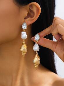 1 Pair Fashion Personalized Pearl Shell Decor Dangle Earrings, Suitable For Women's Party, Gathering, Beach Holiday Wear, Gift - Yellow Gold - View 8