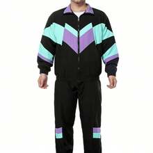 2pcs Set (Top + Pants) 80s Disco Sports Jacket And Pants, Retro Jogging Suit, 80s Theme Party - Black - View 4