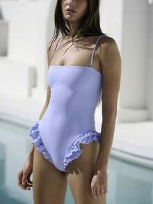 Women's One Piece Bathing Suit Y2k Ruffle Bathing Suit Spaghetti Strap Square Neck Sleeveless Backless Swimsuits Summer Beach Swimwear Bikini - 藍色 - 查看 2