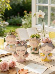 Sweet Dream Girl Desktop Planter Set - Suitable For Desk/Bedroom, Cream Aesthetic Home Decor, Multifunctional Desktop Storage And Creative Gift - Flowerpot - View 8