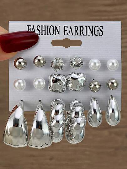 18件套时尚水钻珍珠水滴形C形耳环套装，优雅简约个性化奢华设计，适合日常佩戴