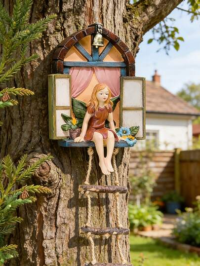 Resin Fairy Window Hanging Decor With Ladder & Bell, Whimsical Garden Tree Ornament For Outdoor Patio, Yard & Balcony, Cute Elf Girl Figurine Wall Art, Rustic Cottagecore Home Accent, Weather-Resistant Miniature Sculpture For Fairy Garden, Porch, And Backyard, Charming Vintage Style Gift For Housewarming, Mother's Day, Or Garden Lovers