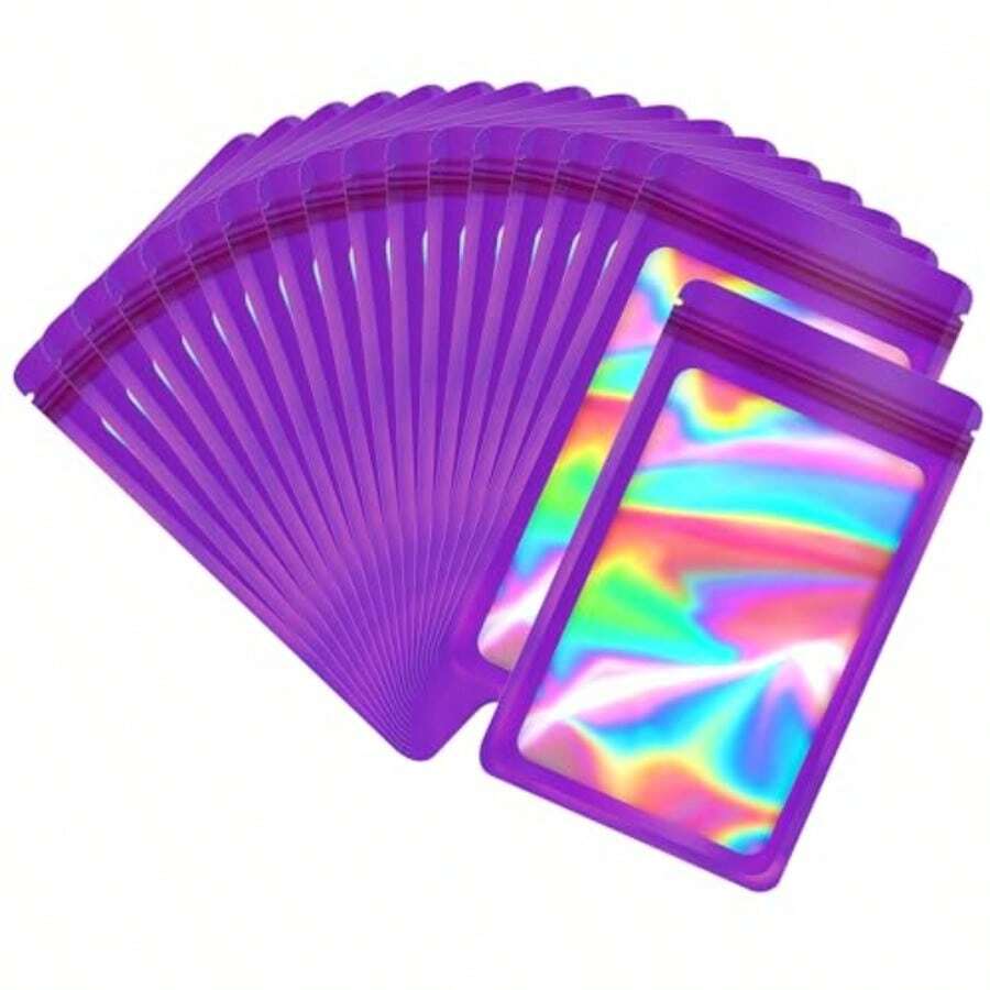 100-Pack 2*2 Inch Mylar Bags With Clear Window Holographic Resealable Sealable Packaging Zip Bag For Small Bussiness Jewelry Candy Sample Food Packing Supplies Dark Purple - 深紫色 - 查看 1