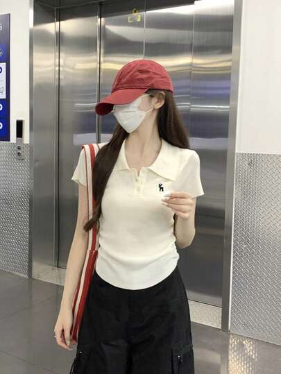 女士春夏韩版POLO领刺绣肩部纽扣设计针织短袖上衣