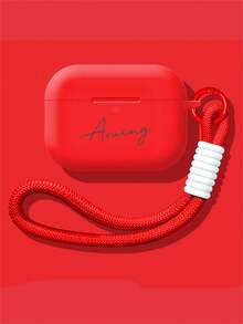 [Custom] Personalized Letter Engraved Name Minimalist Portable Lanyard, Solid Color Pattern Faux Leather Earphone Case, Suitable For AirPods 1/2 3 4 Pro 2 Protective Cover - Multicolor - View 9