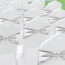 150 Pieces Spandex Stretch Chair Sashes Bows Elastic Chair Cover Bands Ties With Slider Wedding Party Reception Events Universal Ceremony Banquet Decorations (Gold) - Silver - View 4