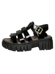Giày sandal nữ đế xuồng cao, thoáng khí, gót dày, kiểu dáng retro, chất liệu dệt kim, thích hợp cho sinh hoạt hàng ngày. - màu đen - Xem 3