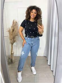 Babylook T-Shirt With Lurex Detail On The Collar, Polka Dots, And Heart. - 黑色 - 查看 1