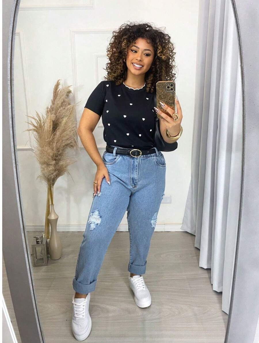 Babylook T-Shirt With Lurex Detail On The Collar, Polka Dots, And Heart. - 黑色 - 查看 1