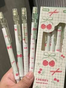 4pcs Matcha Green Cherry/Apple Automatic Pencils, Fashionable High-Quality Butterfly/Red Cherry Mechanical Pencils, Durable 0.5mm Lead, Student & Office Supplies - Multicolor - View 13