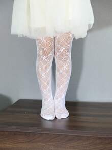 1pc Girls' Spring/Summer Mesh Hollow Floral Jacquard Leggings, Lightweight Breathable Fabric, Suitable For Daily Wear - White - View 4