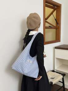 Stylish Casual Contrast Plaid Canvas Tote Bag, Large Capacity Commuter Personalized Lightweight Shoulder Bag - Blue - View 3