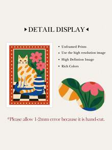 4 Pieces Retro Cartoon Cat And Flower Vase Canvas Wall Art Set Dopamine Color Checkerboard Matisse Poster Ins Aesthetic Combination Painting For Living Room Bedroom Home Wall Decor No Frame - Cartoon - View 6