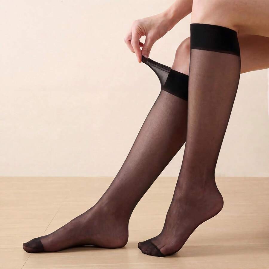 5pairs Women's Black Semi-Transparent Mid-Calf Nylon Stockings, Fashionable And Versatile For Daily Wear, Cozy Socks - Black - View 1