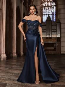 QOQ Princess Style Applique Evening Gown, Women's Mesh Patchwork Formal Dress, Suitable For Birthday Party, Gala, Charity Ball, Formal Dinner, Off-Shoulder Slit Fitted Long Dress Wedding Spring - Navy Blue - View 2