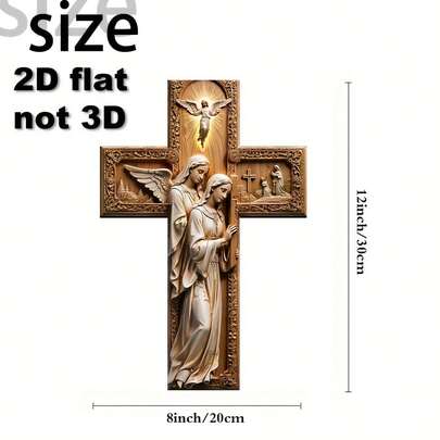 Elegant 2D Wooden Cross Plaque And Angel | 8x12 Flat Wall Decor For Christmas, Easter, Thanksgiving, Interior Living Room Sacred Family Scene, Holiday Home Decor | Exquisite Cross Design | Complex Design, 2D Flat