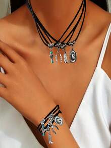 2pcs Bohemian Retro Denim Style Wax Rope Alloy Cowboy Hat, Cowboy Boots, Cactus Multilayer Adjustable Necklace & Bracelet Set, Suitable For Beach, Party, Daily Wear - Multicolor - View 5