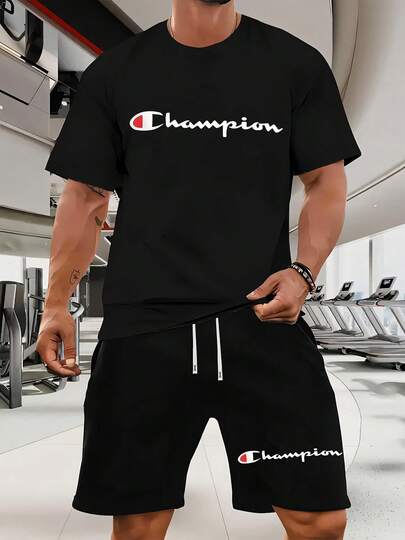 C Logo Printed Men'S 2pcs Set -White T-Shirt & Black Shorts , Casual Streetwear, All-Season Comfort, Edgy Urban Retro Style Matching Tracksuit For Men - Self-Expression Fashion Statement, Round Neck Short-Sleeve T-Shirt & Drawstring Shorts, Ideal For Casual Attire & Workouts, Bold Brush Stroke Design,  Matching Set For Men, Mens Tracksuit, Summer Outfit, Workout Clothes, Comfortable Fabric, Short