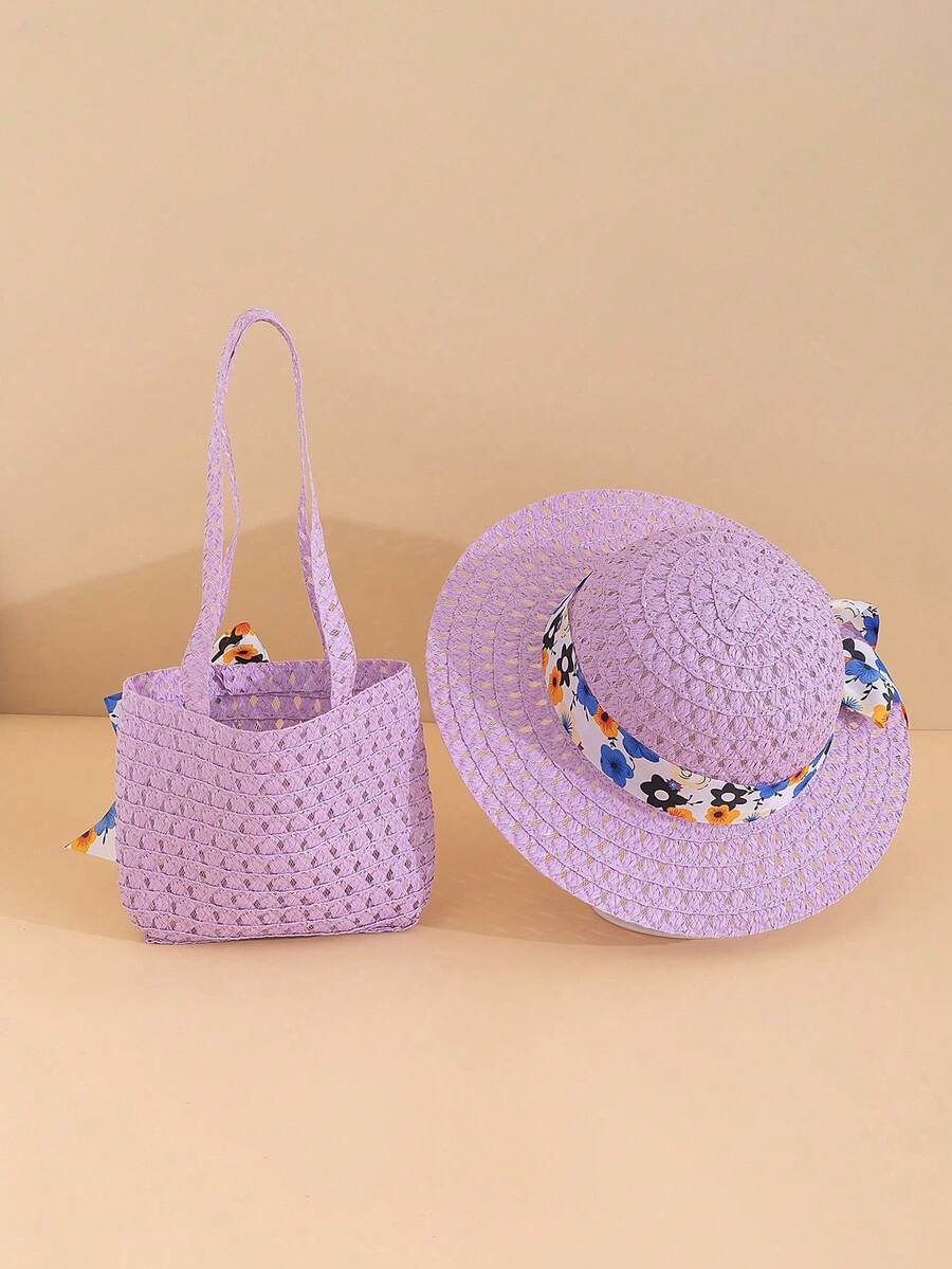 2pcs/Set Girls Floral Bucket Hat & Floral Bag, Suitable For Girls Spring/Summer Outings And Vacations, Daily Wear Sun Protection - Mauve Purple - View 1