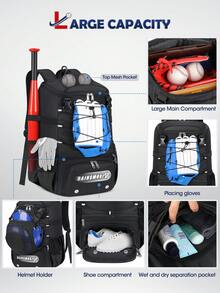 NEWHEY Baseball Bag For Youth & Adult Lightweight Softball Bat Bag With Shoe Compartment, External Helmet Holder And Fence Hook Waterproof Baseball Backpack Hold T-Ball, Bat And Softball Equipment - Black - View 3