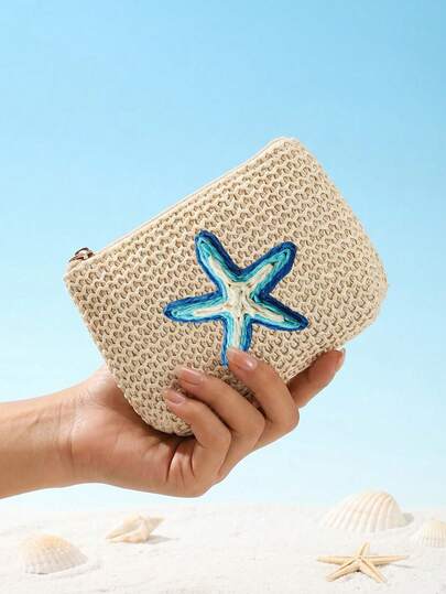 Women's Straw Coin Purse Decorated With Colorful Starfish, Multi-Functional Storage Bag, Summer Mini Woven Bag, Travel Portable Cosmetic Bag, Small Portable Bag Charm, For Storing Keys, Coins, Id Cards, Lipstick, Suitable Holiday Gift, Wedding Keepsake, Graduation Gift, Back-To-School Gift, Mother's Day Gift, Teacher's Day Gift