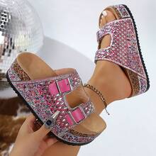 Summer New Rhinestone Beach Sandals For Women 2026, Large Size Double Buckle Cork Thick-Soled Slide Sandals - 玫紅色 - 查看 2