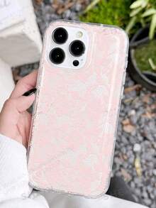 1pc Thick Transparent Pink Lace Painted Cute Protective Phone Case, Compatible With IPhone 17pro/17Air /17/17promax16/11/16pro/16plus/16promax/16e/15Promax/13/14/12/XS/XR/7G/8P, Anti-Drop Phone Protective Cover - Multicolor - View 3