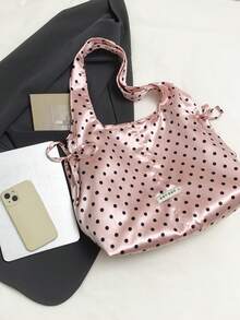 Casual Drawstring Bowknot Shoulder Bag, Polka Dot Pattern Handbag, Crescent Shoulder Bag, Pleated Casual Bag, Large Capacity Tote Bag, Outdoor Casual Bag, Commuter Bag - Pink - View 11