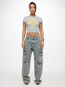 90210 Retro Streetwear Crop Top Baby Tee Y2K Fashion Los Angeles County Statement Fitted Short Sleeve Summer Casual T-ShirtLeisure - 灰色 - 查看 8
