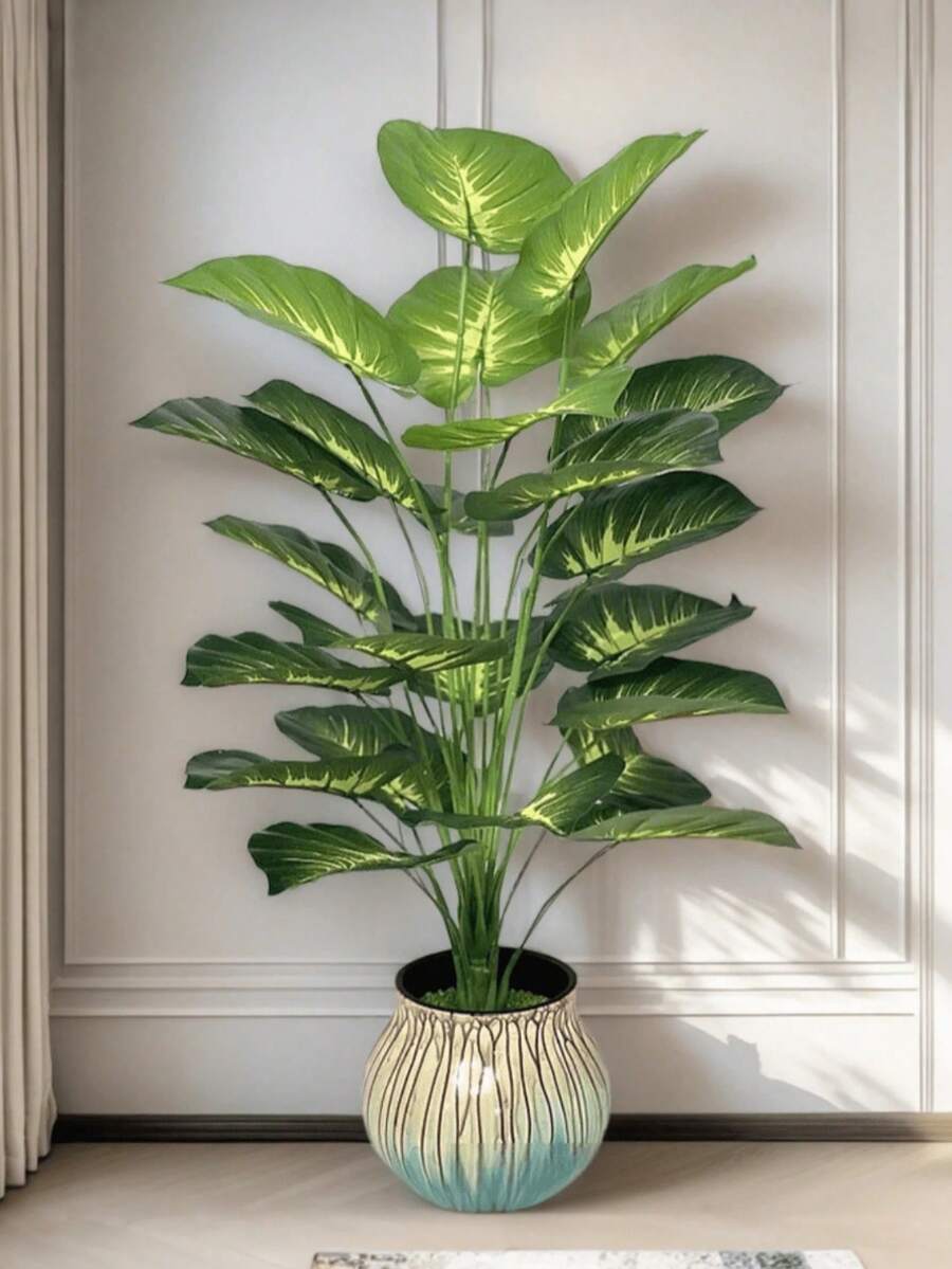 Large Artificial Money Tree Leaves (Pot Not Included), 12/18/24 Large Leaves Total, Wide Leaf Tropical Rainforest Style Decorative Greenery, Suitable For All Seasons, Indoor And Outdoor Use, Ideal For Weddings, Hotels, Courtyards, Gardening, Scene Photography - Multicolor - View 1
