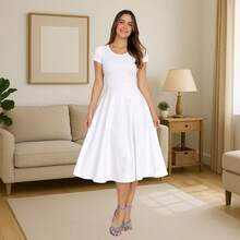 Midi Dress Godê Flared Social Congress Short Sleeve Evangelical Fashion Crepe Mesh - White - View 3