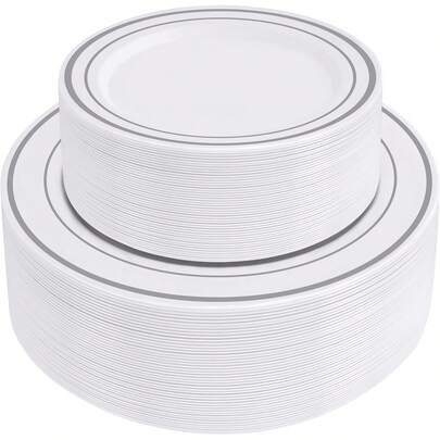 10/1pc White Base With Silver Rim Dinnerware, Food Tray, Fruit Salad Plate, Dinner Plate, Reusable Washable Salad Serving Set, Suitable For Wedding Decor, Birthday Party, Family Gathering, Outdoor Team Building, School, Restaurant And Kitchen Dining Supplies, Home And School Seasonal Gift