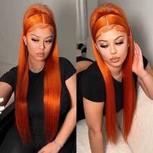 #350 Cor Laranja Gengibre Densidade 200% 13*4 34 Polegadas Peruca Lace Front Reta Cabelo Virgem Brasileiro De Orelha a Orelha Pré-Arrancado HD Transparente Peruca Lace Frontal Reta Sem Cola Pré-Cortada Cabelo Humano Frontal Perucas Para Mulheres Usar e Ir Cabelo Misturado - S350 - Visão 9