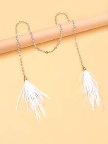1pc Metal Chain Face Jewelry With White Feather Tassel, Party Accessory - Gold - View 7