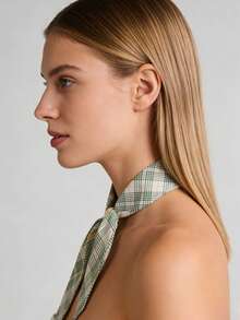 1件装女士绿色格子扁平珍珠真丝围巾项链，独特设计，可调节布艺颈链配饰 - 綠色細格紋(扁珠) - 查看 3