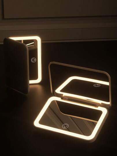 Rechargeable Portable LED Makeup Mirror, 3-Color Adjustable Fill Light, Foldable Compact Mirror With Lights