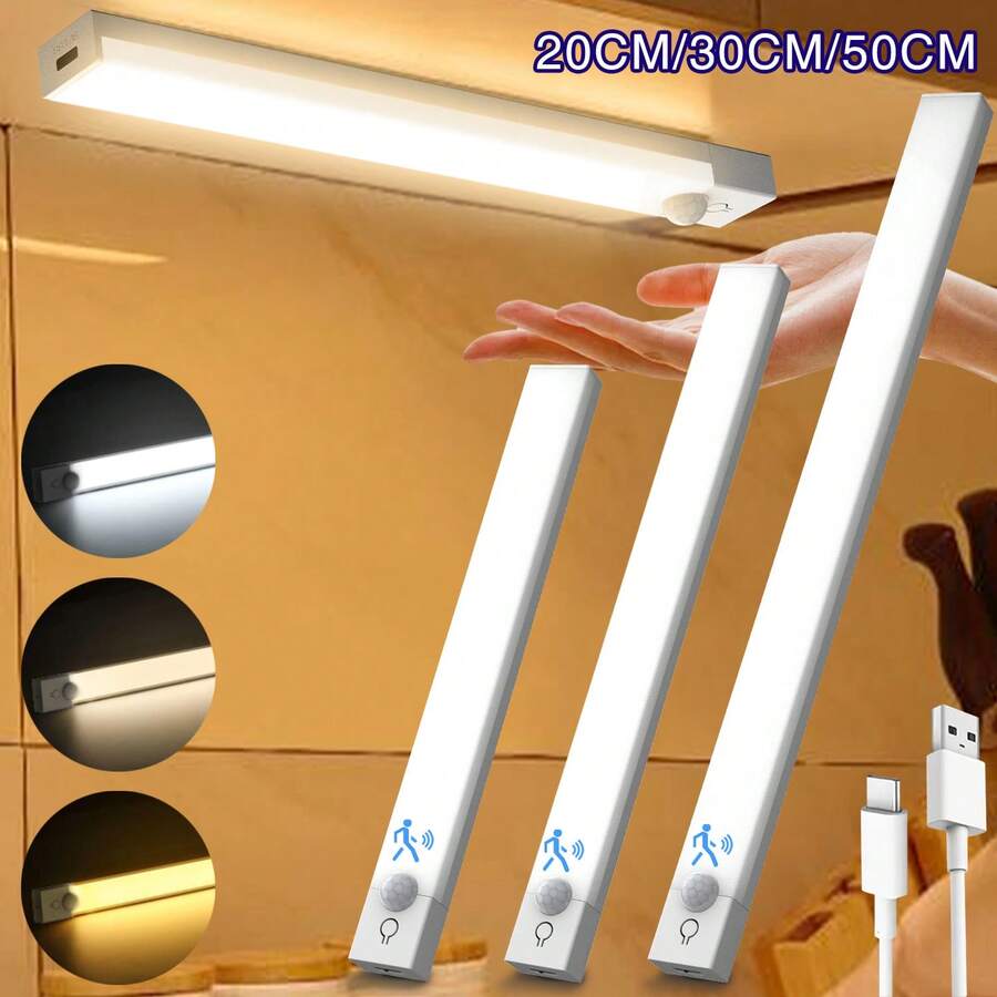 20/30/50cm Adjustable LED Motion Sensor Night Light, USB Rechargeable, 3 Color Temperature Modes, Magnetic LED Lamp Suitable For Home, Bedroom, Stairs, Room Decor, Bedside Reading Light, Corridor, Bathroom