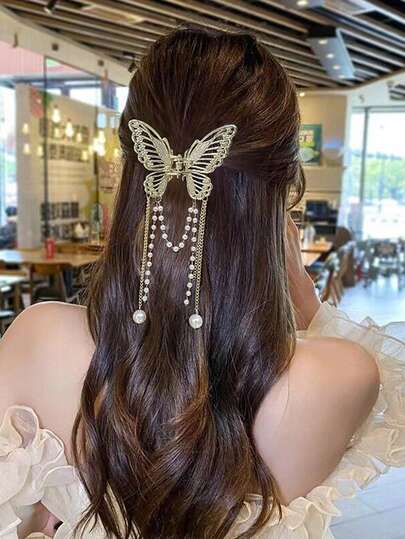 1 pieza Pinza de pelo con mariposa calada y flecos, de dos tonos dorado/azul, accesorio de peinado retro para banquetes, para uso diario/citas/sesiones de fotos