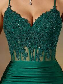 Vestido de noche formal con encaje verde oscuro, elegante vestido formal para cena, vestido de invitada de boda, adecuado para ceremonia de graduación, gala, vestido de dama de otoño/invierno - Verde Oscuro - Ver 3